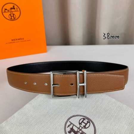 HermèS 爱马仕针扣 原单品质 进口头层牛皮 土黄色荔枝纹搭配黑色平纹 38Mm宽 双面可用 配官网H亮银 亮金扣 - 点击图像关闭