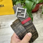 图片包装＋10 Fendi 芬迪 专柜同款 宽4.0Cm 双环正反用腰带 Ff按钉搭扣 红色Cuoio Romano皮革材质 反面面料带有烟草黄和黑色Ff图案