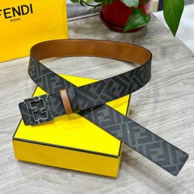Fendi 芬迪 专柜同款 宽4.0Cm 双环正反用腰带 Ff按钉搭扣 土黄色Cuoio Romano皮革材质 反面面料带有烟草黄和黑色Ff图案 真空电镀金属饰