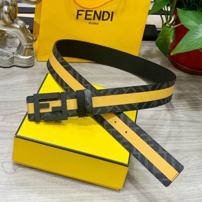 Fendi 芬迪 专柜同款 宽4.0Cm 双环正反用腰带 Ff按钉搭扣 黑色cuoio Romano皮革材质 反面面料带有烟草黄和黑色ff图案 四方满钻金属饰面