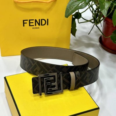 Fendi 芬迪 专柜同款 双环正反用腰带 Ff按钉搭扣 棕色Cuoio Romano皮革材质 反面面料带有烟草黄和黑色Ff图案 黑色珐琅金属饰面 时尚经典 百