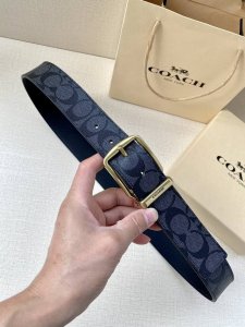 宽度3.8Cm Coach 这款双面腰带一面为经典标志帆布材质，另一面为精制皮革材质，配有标志性扣件，将两种外形合二为一。通过简单的说明，可用剪刀剪裁至完美合身
