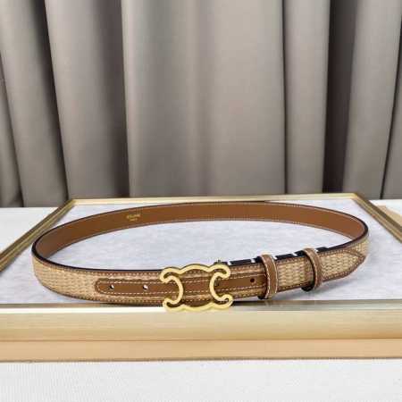 赛琳Triomphe中号织物和牛皮革腰带 黄褐色 织物和牛皮革 Triomphe 配领扣带扣 - 点击图像关闭