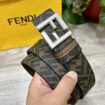 图片包装＋10 Fendi 芬迪 专柜同款 宽4.0Cm 双环正反用腰带 Ff按钉搭扣 咖啡色Cuoio Romano皮革材质 反面面料带有烟草黄和黑色Ff图案