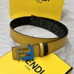 特 Fendi 芬迪 专柜同款 宽4.0Cm 双环正反用腰带 Ff按钉搭扣 双色cuoio Romano皮革材质 反面面料带有烟草黄和黑色ff图案 黑色珐琅金属