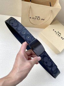 宽度3.8Cm Coach 这款双面腰带一面为经典标志帆布材质，另一面为精制皮革材质，配有标志性扣件，将两种外形合二为一。通过简单的说明，可用剪刀剪裁至完美合身