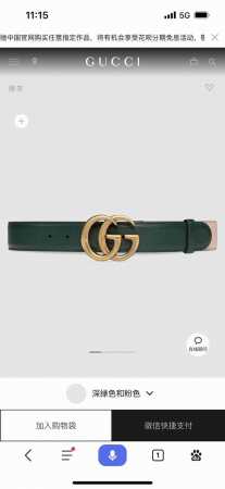 古奇，宽4.0Cm，新款 作为Gucci系列产品的标志性象征，经典双G标识在这款单品上以金色腰带扣的形式呈现。深绿色和粉色皮革通过双色组合为这款经典单品增添一抹 - 点击图像关闭