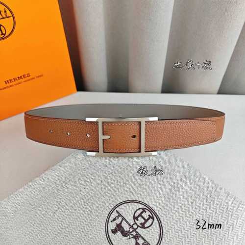 HermèS 爱马仕针扣皮带 原单品质 双面荔枝纹 土黄+卡其 32Mm宽 双面可用 配官网经典H亮金 亮银 亮枪扣