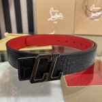 特 3.5宽christian Louboutin 男士ricky标志性徽标搭扣黑色腰带红色底，双面牛皮。