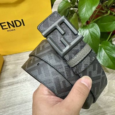 图片包装＋10 Fendi 芬迪 专柜同款 宽4.0Cm 双环正反用腰带 Ff按钉搭扣 灰色Cuoio Romano皮革材质 反面面料带有烟草黄和黑色Ff图案