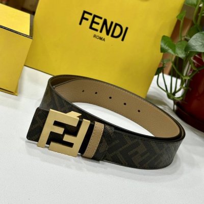 fendi 芬迪 专柜同款 双环正反用腰带 Ff按钉搭扣 棕色Cuoio Romano皮革材质 反面面料带有烟草黄和黑色Ff图案 黑色珐琅金属饰面 时尚经典 百