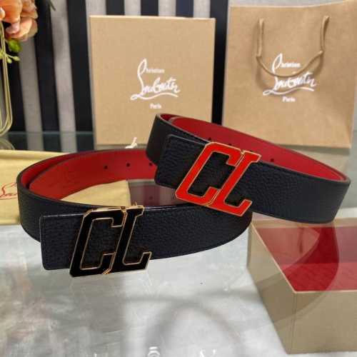 特 拿货价3.5宽christian Louboutin 男士ricky标志性徽标搭扣黑色腰带红色底，双面牛皮。