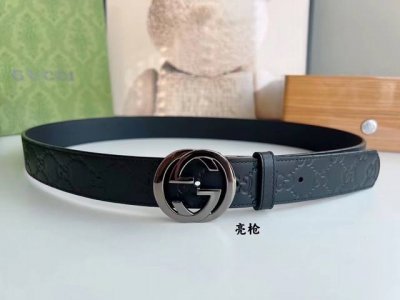 Gucci古驰男士头层牛皮压花金属旋转扣腰带3.5Cm，必入单品。6548