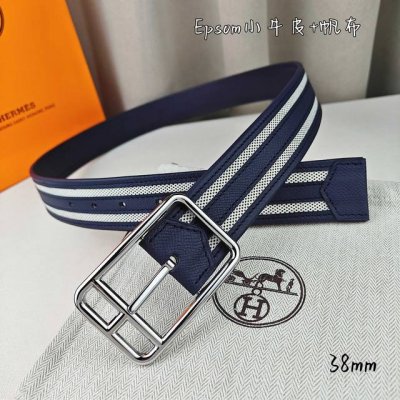 HermèS 爱马仕 新款针扣皮带 原单品质 原版Epsom小牛皮搭配帆布材质 深蓝色 38Mm宽 配官网亮金 亮银扣 可翻转五金两面可用