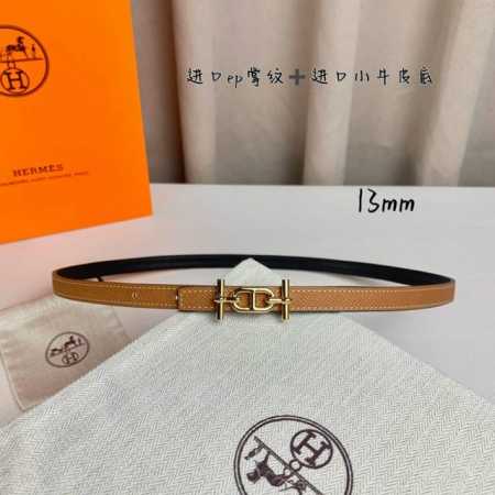 HermèS 爱马仕女款细腰带 原单品质 原版进口E手掌纹配进口小牛皮底 双面可用 土黄色黑色 13Mm宽 搭配H亮金 银扣 - 点击图像关闭