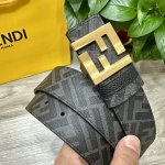 图片包装＋10 Fendi 芬迪 专柜同款 宽4.0Cm 双环正反用腰带 Ff按钉搭扣 黑色Cuoio Romano皮革材质 反面面料带有烟草灰和黑色Ff图案