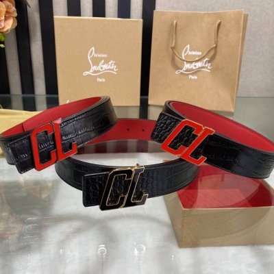 特 3.5宽christian Louboutin 男士ricky标志性徽标搭扣黑色腰带红色底，双面牛皮。