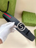 宽度4.0Cm Gucci 经典帆布织带腰带 配以织纹皮质滚边和双G原单钢扣 绿色 红色 绿色棉质帆布编织腰带 配以黑色头层牛皮