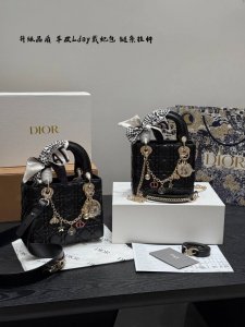 同价 全套礼盒包装 升级版！搭配重工链条挂件！ Size:17×14 三格 20*17 四格 Dior迪奥 Lady 小羊皮纹戴妃包 羊皮藤格纹 打造醒目的绗缝