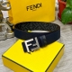 Fendi芬迪专柜同款 宽4.0Cm 双环正反用腰带 Ff按钉搭扣 Cuoio Romano皮革材质 反面面料带有烟草黄和黑色Ff图案 黑色珐琅金属饰面 时尚经