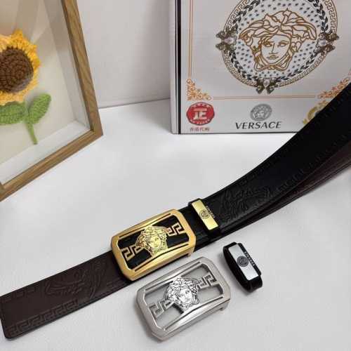 品名：Versace.范思哲 材质：原单牛皮腰带 百分百头层牛皮腰带保证真皮，24K纯钢扣，专柜原单品质、做工精细，时尚大牌，送人自用首选 包装： 请认准如图专
