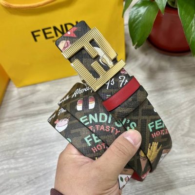 图片包装＋10 Fendi 芬迪 专柜同款 宽4.0Cm 双环正反两面用腰带 Ff按钉搭扣 红色Cuoio Romano皮革材质 反面棕色Ff帆布 饰有拼色Fe