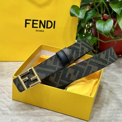 特 片装1 Fendi 芬迪 专柜同款 宽3.0Cm 双环正反用腰带 Ff按钉搭扣 黑色cuoio Romano皮革材质 反面面料带有烟草灰和黑色ff图案 黑色