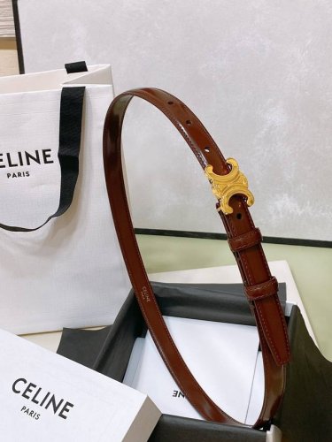 Celine 23 小号Triomphe Taurillon皮革腰带 青铜色 Taurillon.中腰，金色饰面金属件、亮面牛皮腰带 咖啡色！Triomphe皮