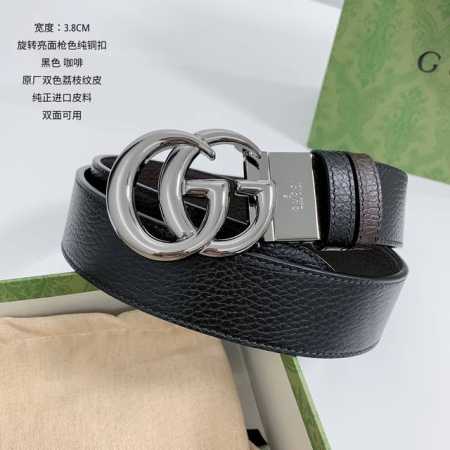 特 古奇 顶级货 宽度3.7Cm 双面进口全粒面荔纹小牛皮，黑色搭配咖啡，全粒面皮料越用皮面越发光亮，性价比十足。 扣头：纯铜旋转扣 - 点击图像关闭