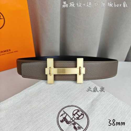 特 Herm 爱马仕 双头尖 双面原版 原单品质 进口头层牛皮 大象灰色荔枝纹搭配黑色平纹 寸半38Mm 配H官网新款拉丝金 银 黑扣