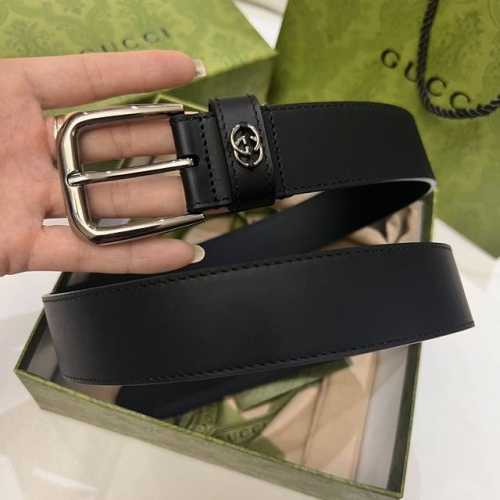 特 Gucci、3.5宽Belt With Interlocking G Detail 时尚腰带 针扣设计 平纹牛皮底