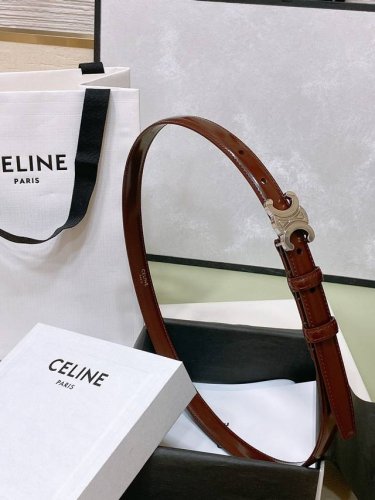 Celine 23 小号Triomphe Taurillon皮革腰带 青铜色 Taurillon.中腰，金色饰面金属件、亮面牛皮腰带 咖啡色！Triomphe皮