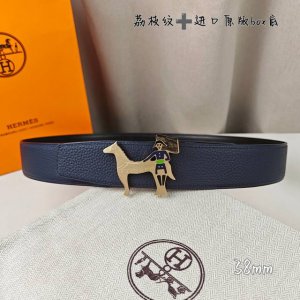 特 HermèS爱马仕 双头尖 双面原版 原单品质 进口头层牛皮 深蓝色 荔枝纹搭配黑色平纹 寸半38Mm 配官网新款H金 银扣