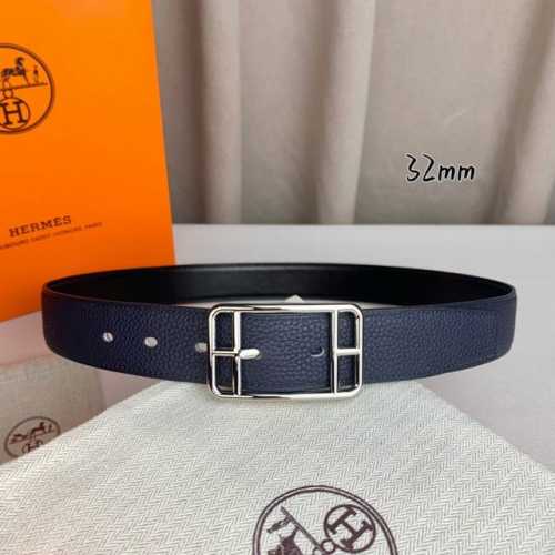 特 HermèS 爱马仕针扣 原单品质 进口头层牛皮 深蓝色荔枝纹搭配黑色平纹 32Mm宽 双面可用 配官网H亮金 亮银扣