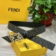 Fendi 芬迪 专柜同款 宽4.0Cm 双环正反用腰带 Ff按钉搭扣 黑色Cuoio Romano皮革材质 反面面料带有烟草黄和黑色Ff图案 黑色珐琅金属饰面