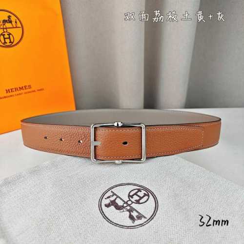 HermèS 爱马仕针扣皮带 原单品质 双面荔枝纹 土黄+灰 32Mm宽 双面可用 配官网经典H亮金 亮银扣