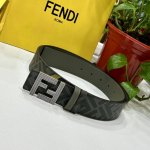 Fendi 芬迪 专柜同款 宽4.0Cm 双环正反用腰带 Ff按钉搭扣 灰色Cuoio Romano皮革材质 反面面料带有烟草黄和黑色Ff图案 四方金属饰面 时