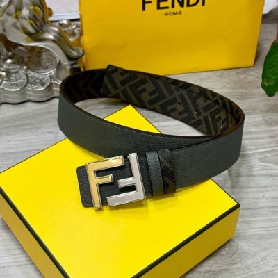 Fendi芬迪专柜同款 宽4.0Cm 双环正反用腰带 Ff按钉搭扣 Cuoio Romano皮革材质 反面面料带有烟草黄和黑色Ff图案 黑色珐琅金属饰面 时尚经