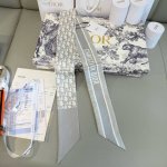 新款D字母这款 迪奥Montaigne Mitzah 发带丝巾从标志性的 Dior 精品店地址汲取灵感，老花字母配条纹的款式经典，造型修长，两端尖角设计，背面饰