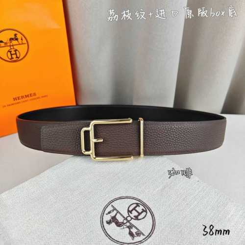 Hermè 爱马仕 双头尖 双面原版 原单品质 进口头层牛皮 咖啡色荔枝纹搭配黑色平纹 寸半38Mm 配H官网新款金 银 黑扣
