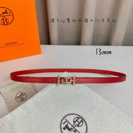 HermèS 爱马仕女款细腰带 原单品质 原版进口E手掌纹配进口小牛皮底 双面可用 红色红色 13Mm宽 搭配H亮金 银扣 - 点击图像关闭