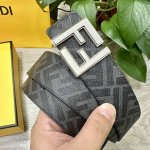 图片包装＋10 Fendi 芬迪 专柜同款 宽4.0Cm 双环正反用腰带 Ff按钉搭扣 灰色Cuoio Romano皮革材质 反面面料带有烟草黄和黑色Ff图案
