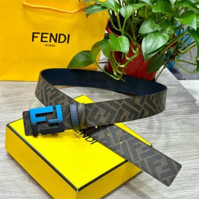 特 Fendi 芬迪 专柜同款 宽4.0Cm 双环正反用腰带 Ff按钉搭扣 兰色cuoio Romano皮革材质 反面面料带有烟草黄和黑色ff图案 四方金属饰面