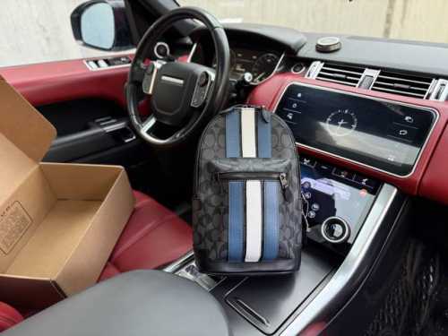 高端货 新款 “ Coach ”蔻驰胸包 Coach蔻驰单肩斜挎包胸包 Coach蔻驰 West 20 蓝白条纹 老花印花拼皮革 胸包单肩包斜挎包 小号 男款