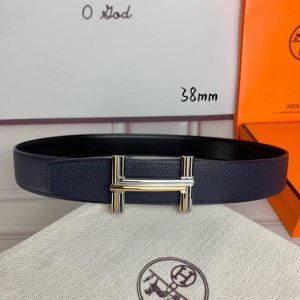 HermèS爱马仕 双头八字款 双面原版 原单品质 进口头层牛皮 深蓝色荔枝纹本色线搭配黑色平纹 寸半38Mm 配官网双H亮面金银间色 亮枪扣