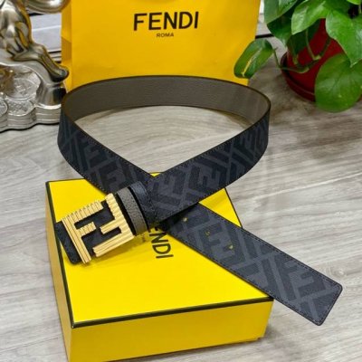 Fendi芬迪专柜同款 宽4.0Cm 双环正反用腰带 Ff按钉搭扣 灰色Cuoio Romano皮革材质 反面面料带有烟草灰和黑色Ff图案 黑色珐琅金属饰面 时
