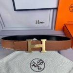 特 HermèS[正]爱马仕 双头尖 双面原版 原单品质 进口头层牛皮 土黄色荔枝纹搭配黑色平纹 寸半38Mm 配官网H马拉车花纹亮金亮银亮枪扣