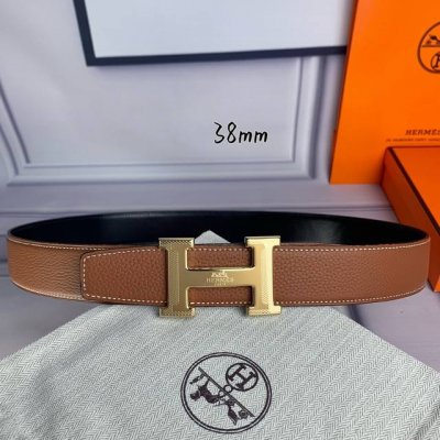 特 HermèS[正]爱马仕 双头尖 双面原版 原单品质 进口头层牛皮 土黄色荔枝纹搭配黑色平纹 寸半38Mm 配官网H马拉车花纹亮金亮银亮枪扣