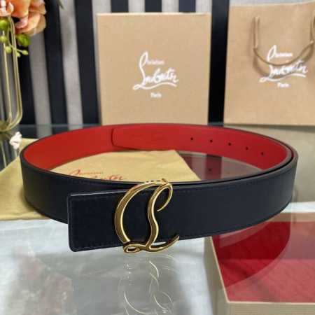3.5宽christian Louboutin 男士ricky标志性徽标搭扣黑色腰带红色底，双面牛皮。 - 点击图像关闭