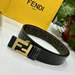 特 Fendi芬迪专柜同款 宽4.0Cm 双环正反用腰带 Ff按钉搭扣 黑色Cuoio Romano皮革材质 反面面料带有烟草黄和黑色Ff图案 四方金属饰面 时